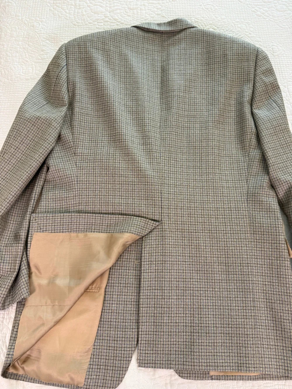 Preppy Trussini 42R Made in Italy Silk Blend Beige Blue Plaid Blazer Y2K Sport